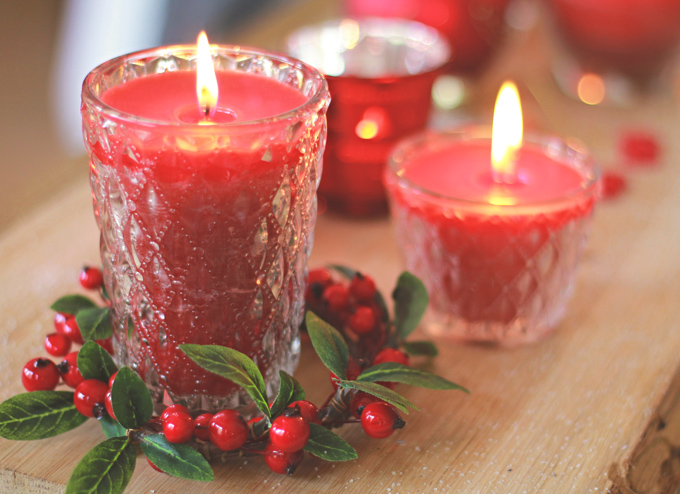 Candle in Glass and Wreath Berries from our Red Christmas Decorations